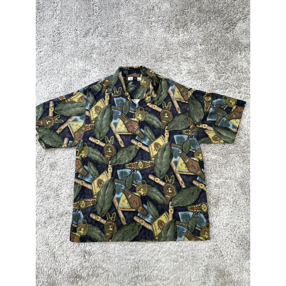Tommy Bahama Shirt Mens Medium Silk Hawaiian Camp Cigar Tobacco Leaf Print Aloha